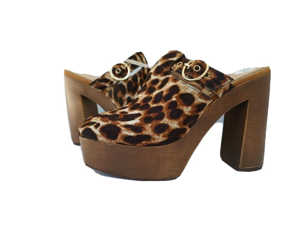Gianni Bini Sotelo Mob Wife Leopard Calf Hair Gold Buckle Platform Clogs 5.5